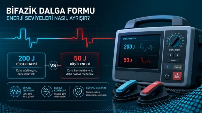 ASELSAN defibrilatörde bifazik dalga formu: 200 J ve 50 J enerji seviyeleri cihaz tarafında nasıl ayrışır